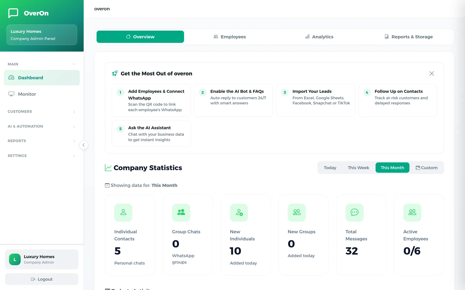 OverOn company admin dashboard